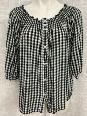 Black & White Gingham Button-Front Peasant Top - Women